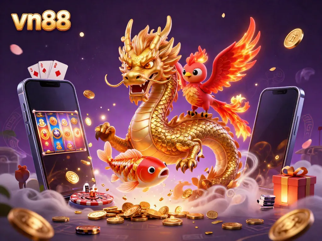 Experience thrilling entertainment at vn88 with vibrant slot games and mystical creatures in a rich, dynamic scene.