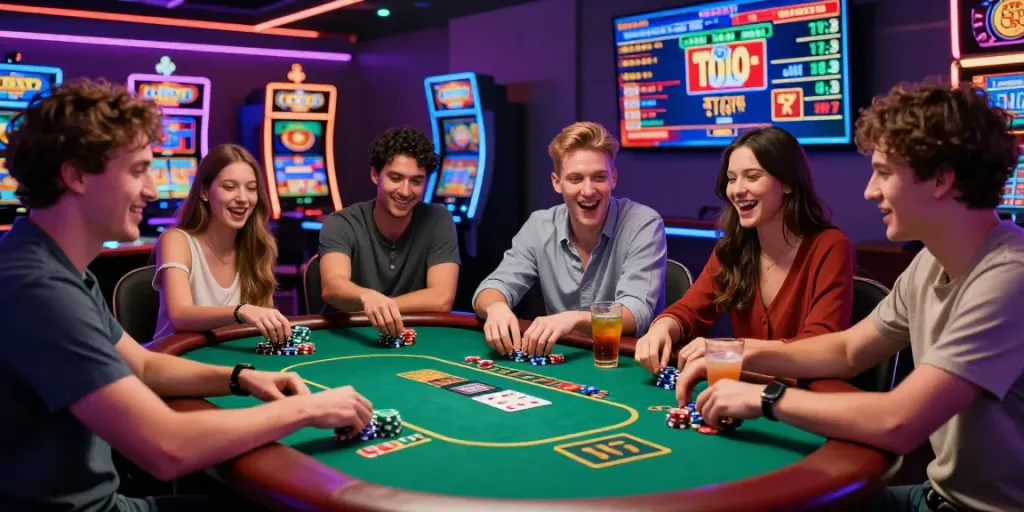 Friends enjoying a Lucky777 poker game in a vibrant casino atmosphere.