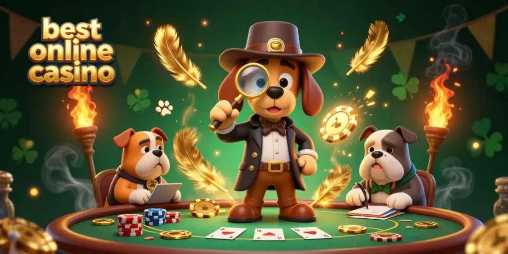 The best online casino scene showcases a detective and his companion examining poker clues amid vibrant gaming elements.