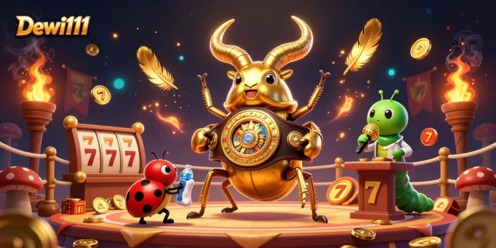 Dalam game slot Dewi111, karakter berjuang dengan semangat, menampilkan suasana kasino yang energik.