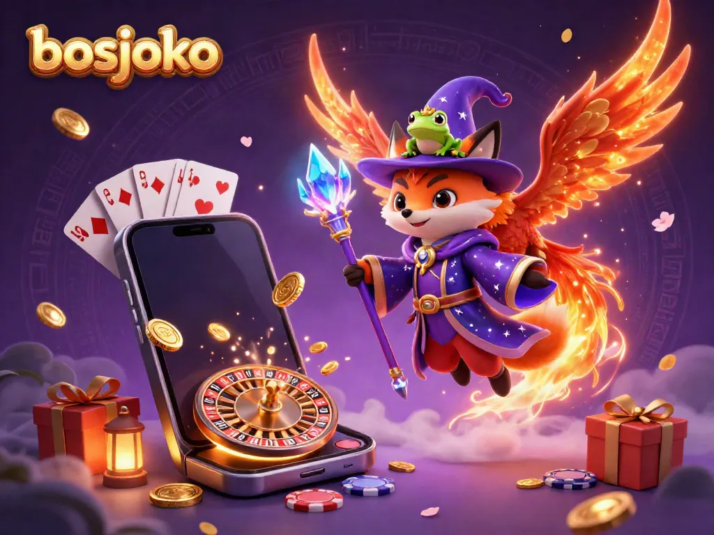Experience the enchanting world of bosjoko with a mesmerizing wizard fox, phoenix, and exciting slot game elements.