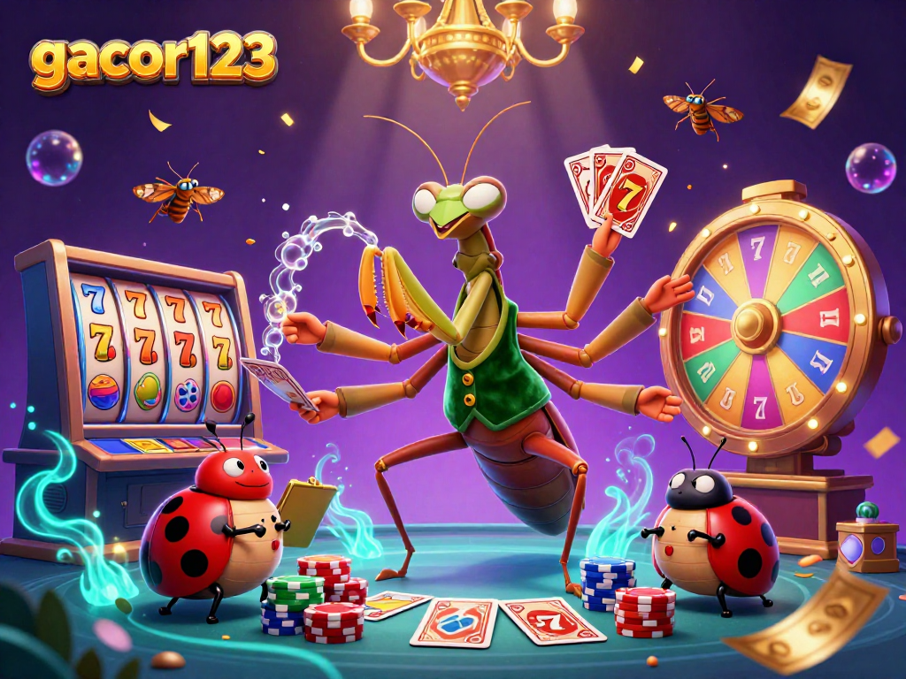 Experience thrilling gaming with gacor123 at this whimsical casino scene featuring engaging characters and vibrant elements.