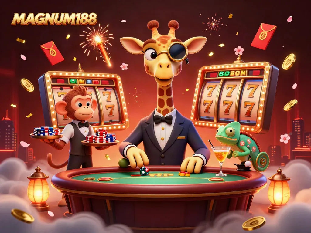 Experience vibrant gaming excitement with MAGNUM188: lively casino scene featuring a high-roller giraffe and festive elements.