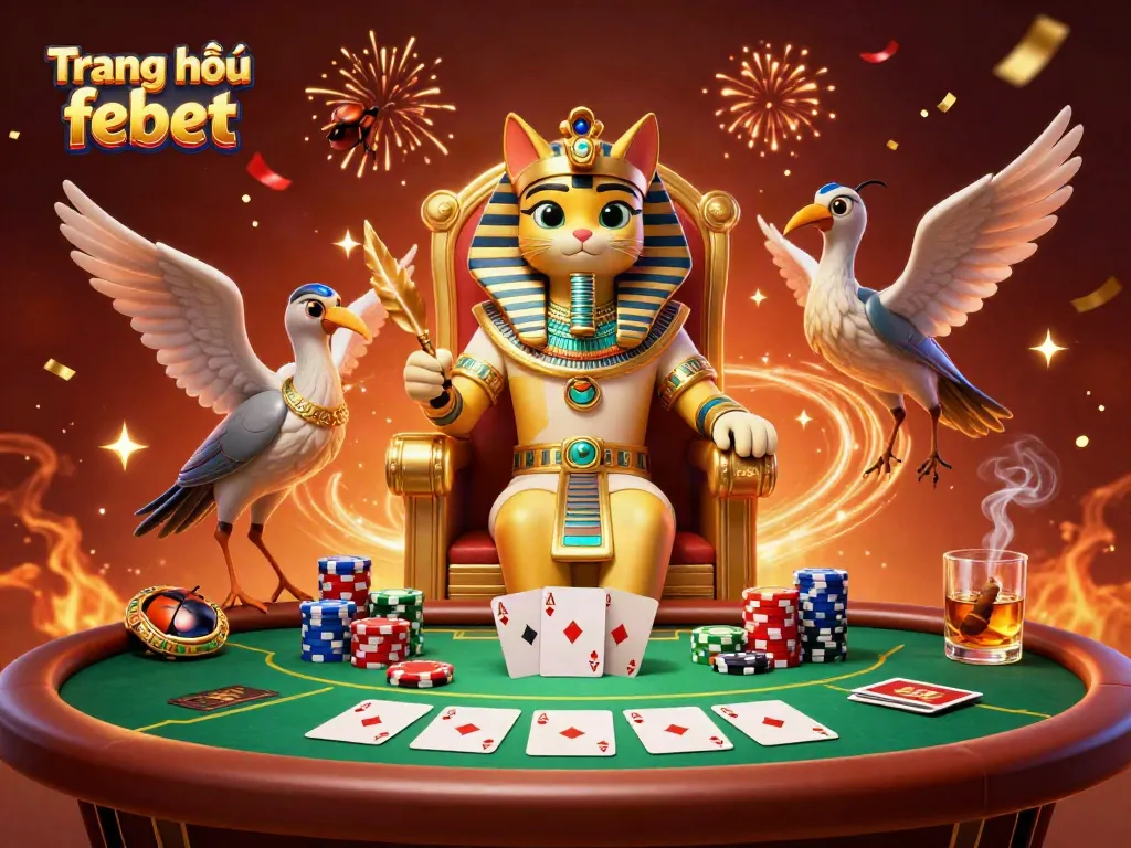 Engage with the captivating world of Trang chủ febet featuring an Egyptian pharaoh cat in a dynamic casino scene.