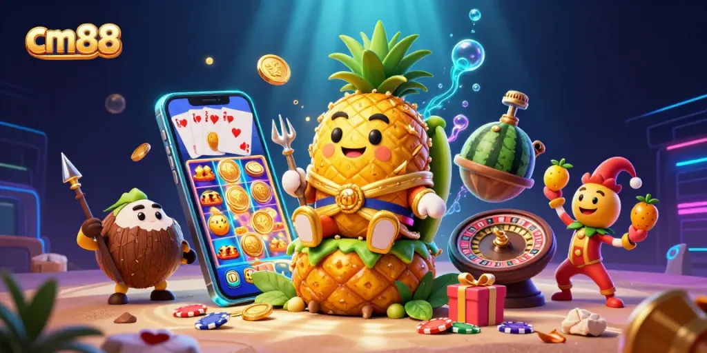 cm88 brings excitement with a lively 3D casino scene featuring a pineapple king and vibrant gambling elements.