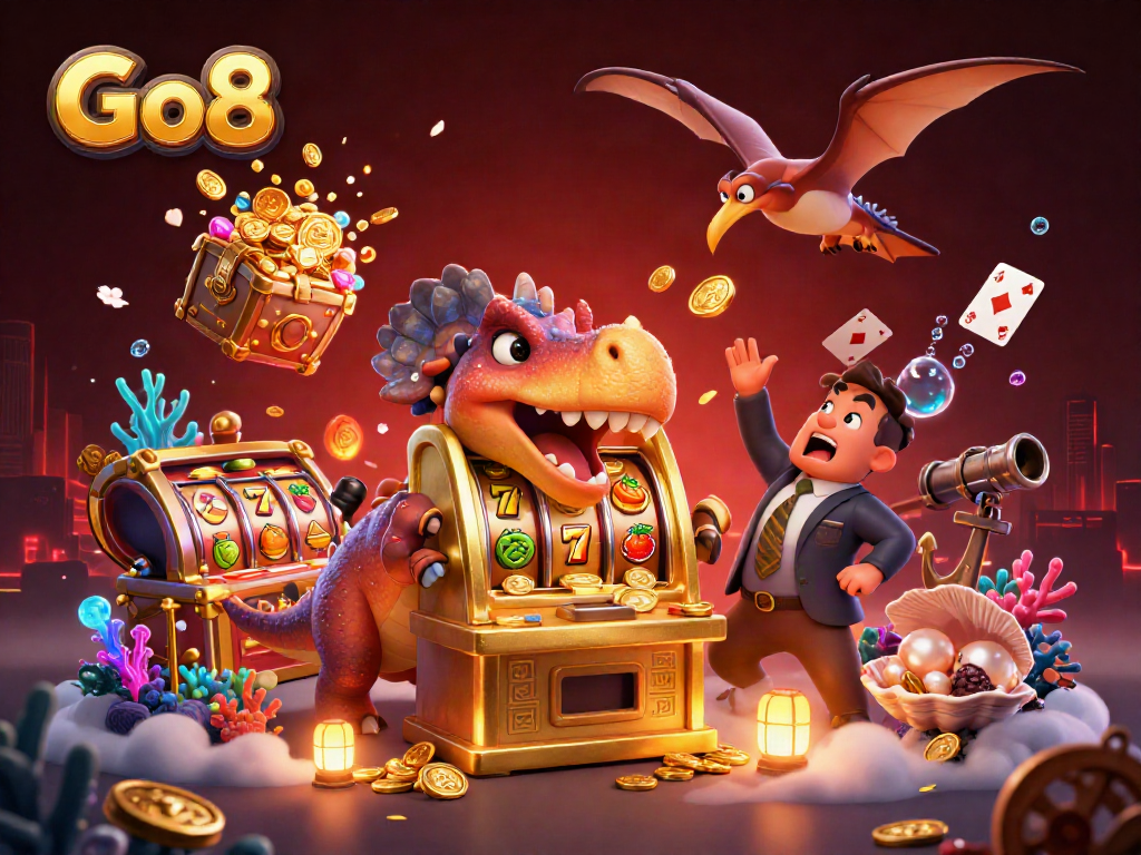 Go8 casino illustration of a pachycephalosaurus winning a jackpot surrounded by dynamic slot elements.