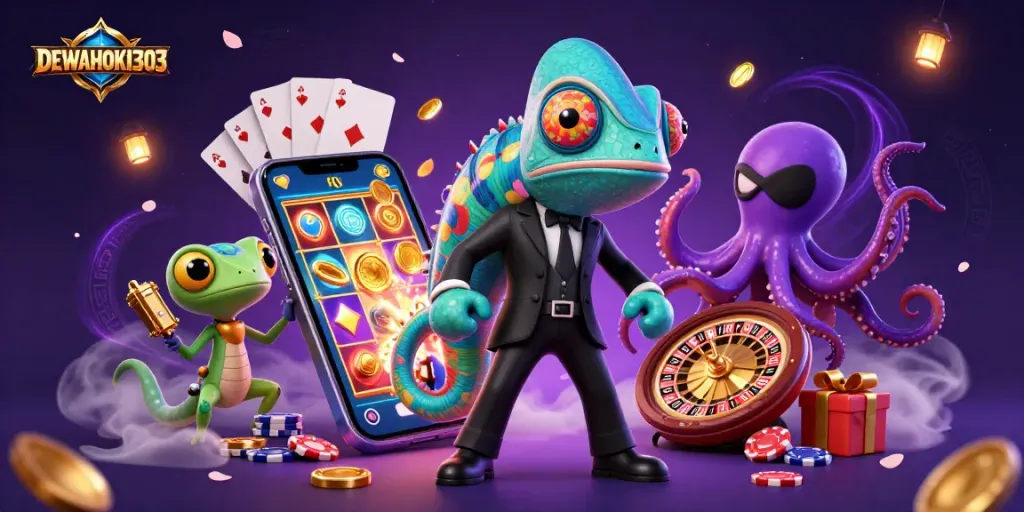 DEWAHOKI303 dorong pemain meraih kemenangan dengan slot berwarna dan koin emas yang mengelilingi karakter kartun.