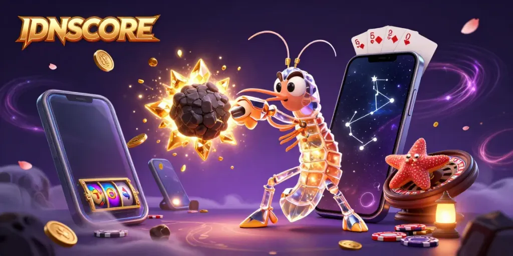 IDNSCORE offers a thrilling scene of a galactic samurai mantis shrimp smashing through asteroids, revealing golden gems.