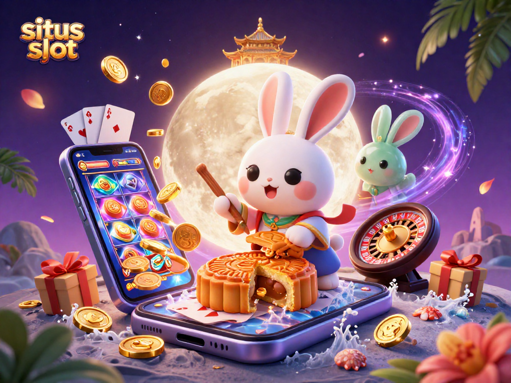 Permainan situs slot yang mengasyikkan dengan karakter kelinci bulan dan elemen kasino lainnya.