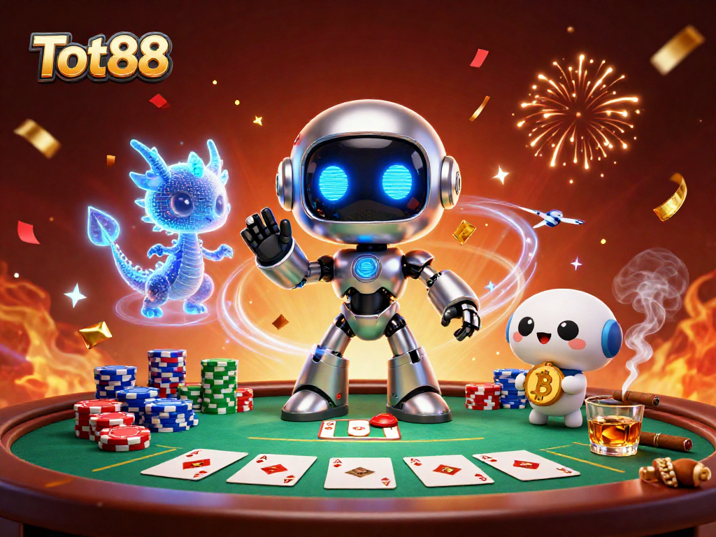 Experience thrilling poker moments with Tot88 in a vibrant 3D casino scene.