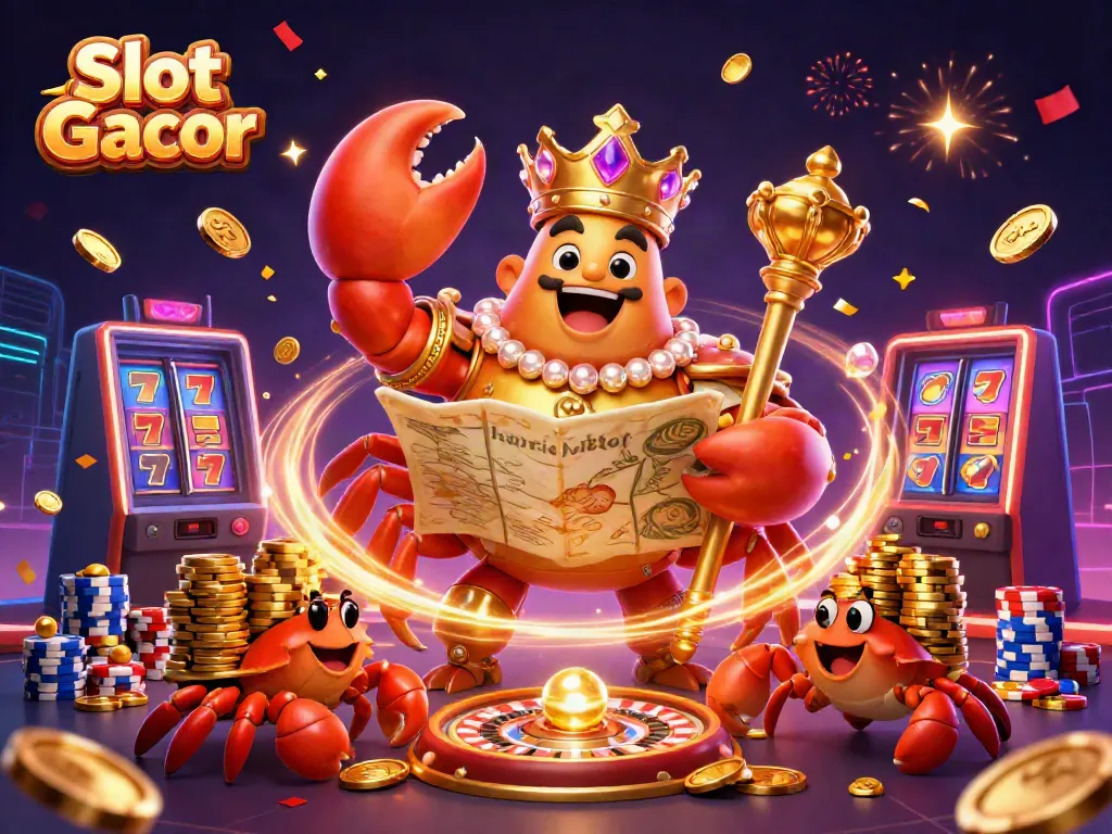 Experience the excitement of Slot Gacor with a golden crab emperor amidst vibrant casino elements.