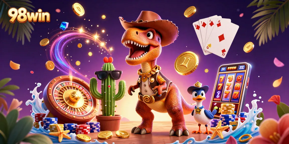 Experience the excitement of 98win casino with a T-Rex cowboy and dazzling game elements.