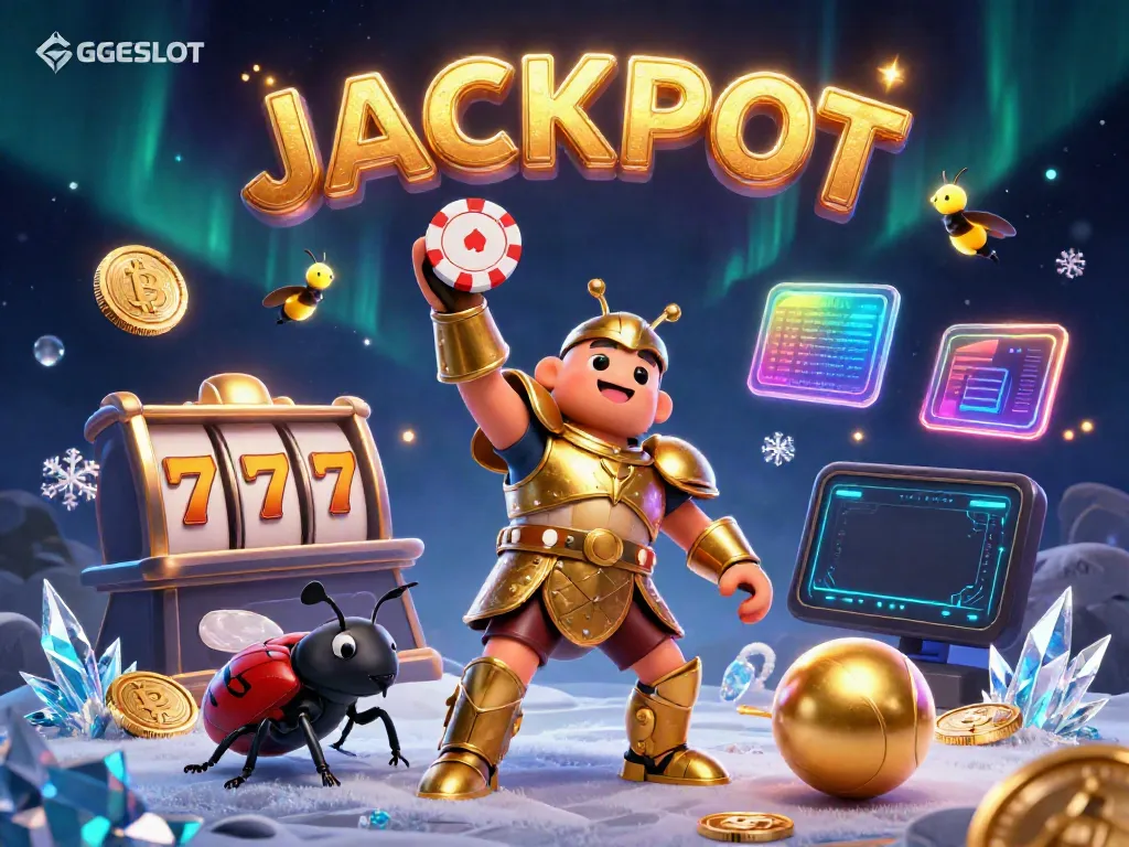 Experience GEGESLOT excitement with a heroic beetle lifting winnings among casino delights.