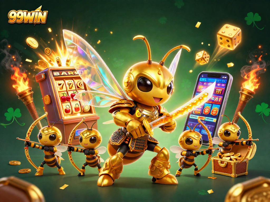 Experience thrilling wins at 99WIN with a vibrant illustration of a samurai hornet among slot machine rewards.