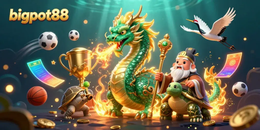 Witness bigpot88's thrilling gaming experience with a majestic dragon, wise turtle, and lucky cranes.