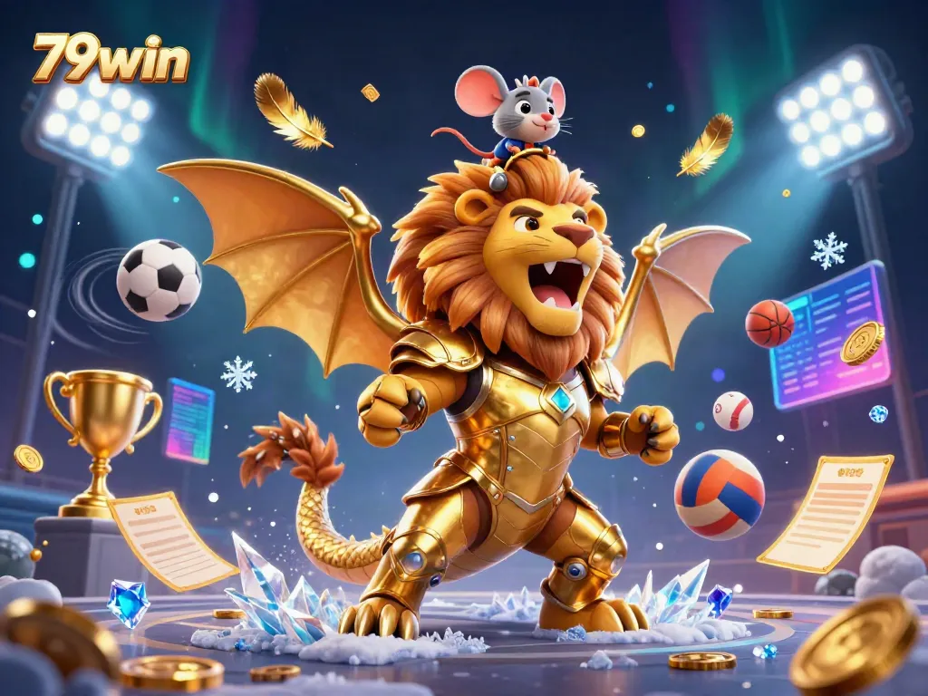 Engage with thrilling gaming action at 79win featuring dynamic sports balls and a triumphant chimera.