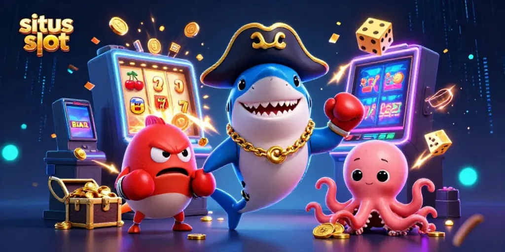 Slot mesin yang mengeluarkan koin dengan karakter hiu dan ikan puffer, bermain situs slot