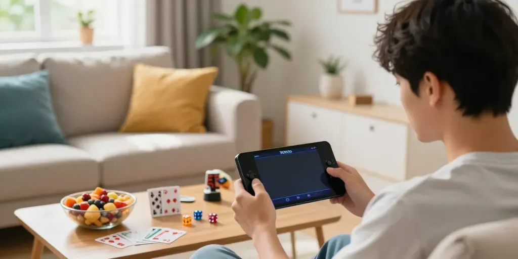 Experience Yono Arcade gaming app in a cozy living room setting.