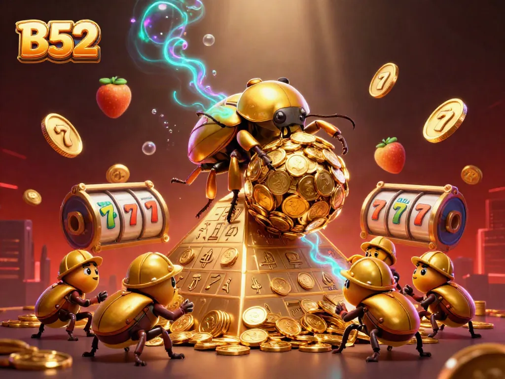 B52 showcases a golden beetle rolling a jackpot of coins amidst vibrant casino elements.