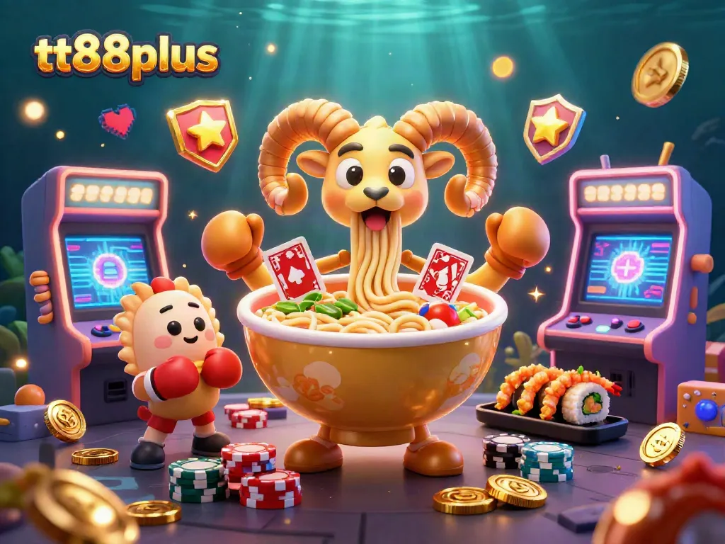Engage with the vibrant tt88plus casino scene featuring a golden ramen bowl dealer amidst colorful gaming elements.