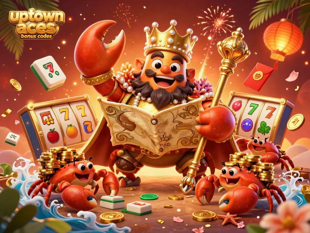 Win big with uptown aces bonus codes featuring a golden crab emperor and vibrant casino elements.