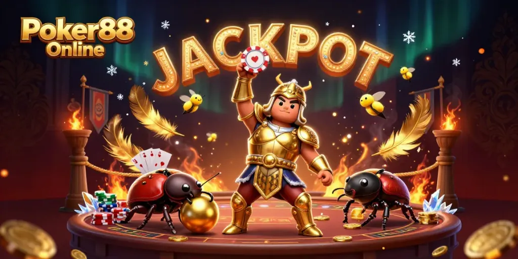 Play exciting Poker88 Online with a victorious beetle lifting a poker chip amidst a festive atmosphere.