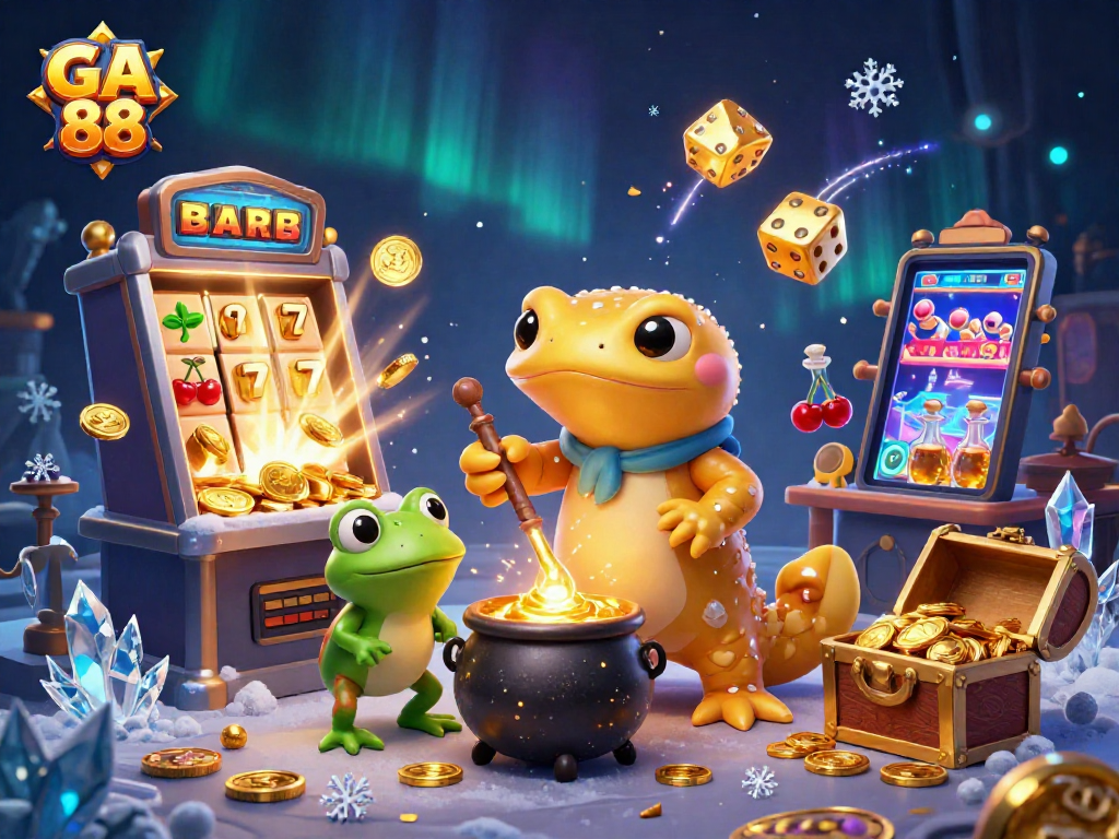 Experience GA 88's vibrant casino world with a golden alchemist amid festive gaming elements.