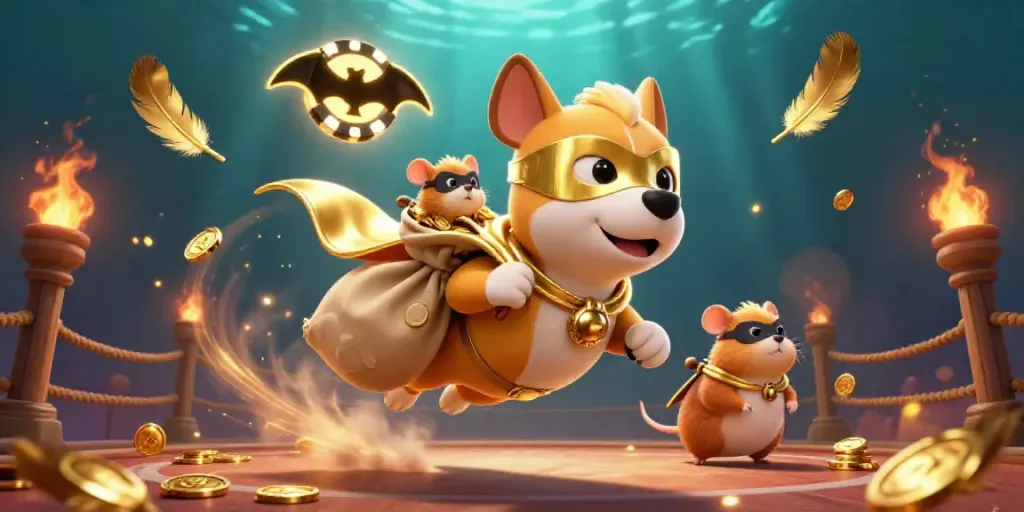Engage with Link Alternatif Dewacash through this vibrant 3D casino illustration showcasing a superhero dog and hamster amidst dynamic gaming elements.
