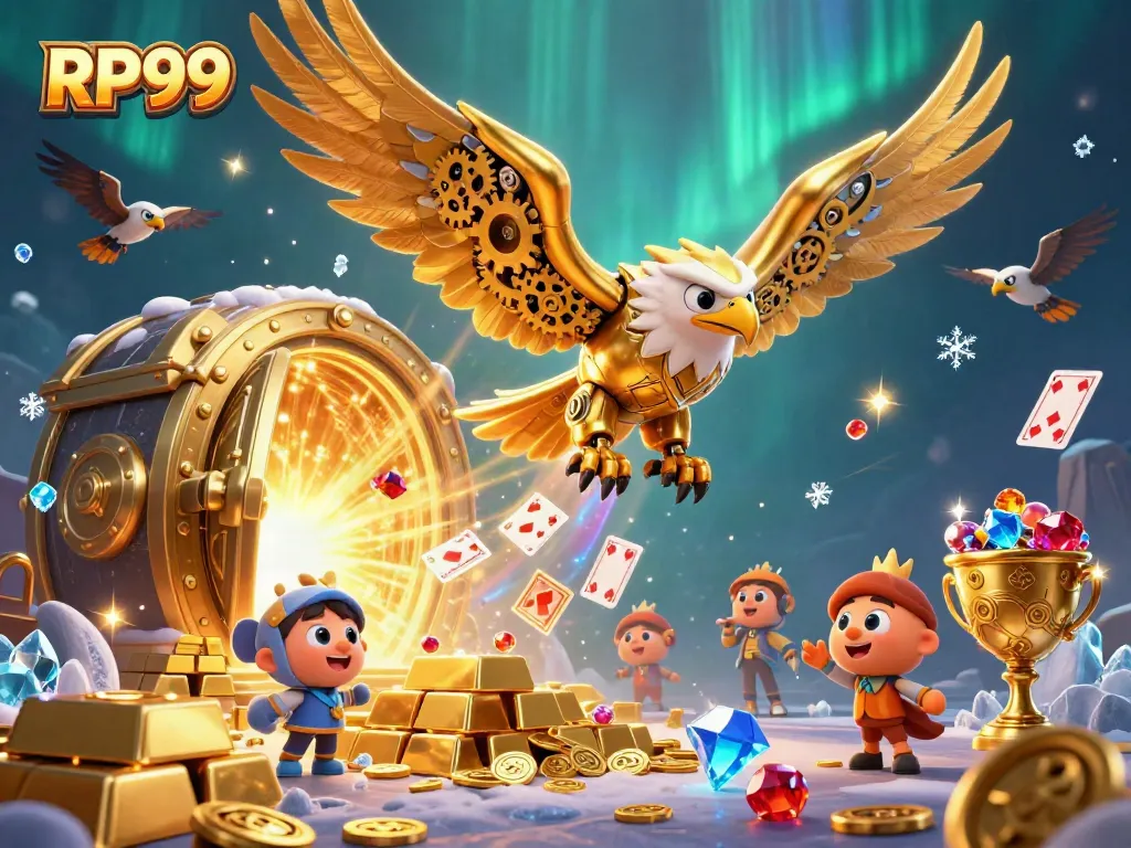 Engage with RP99's thrilling gaming experience featuring vibrant 3D eagle and cascading cards.