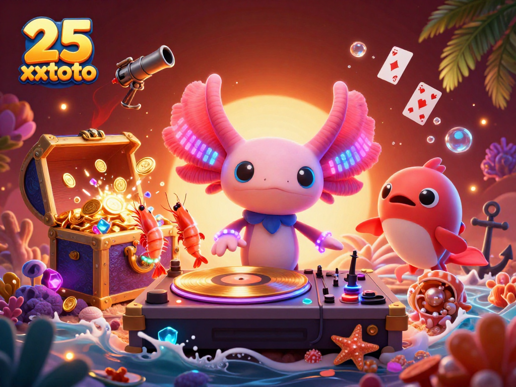 Visualisasi 25 xxtoto menampilkan DJ axolotl neon dan aksi glamor permainan kasino.