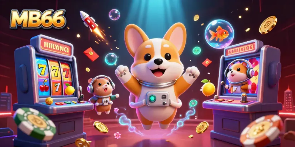 Experience MB66's thrilling casino adventure with a 3D astronaut corgi amidst vibrant slot machines.