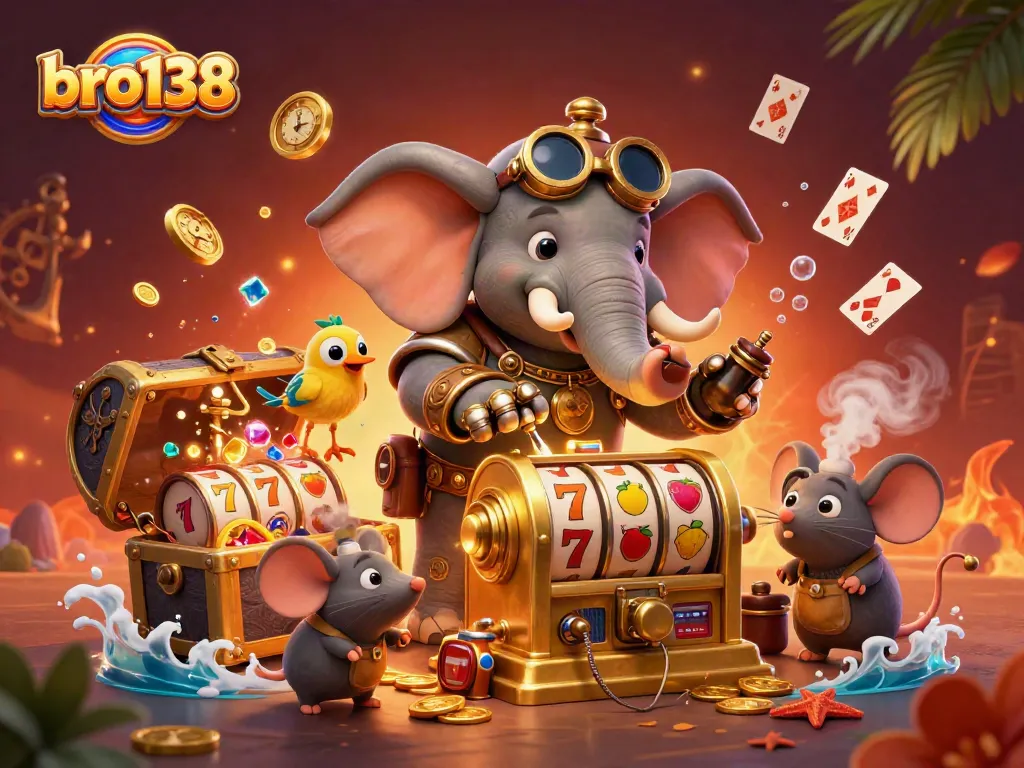 Spin the reels at bro138 with a steampunk elephant engineer and a treasure-filled backdrop