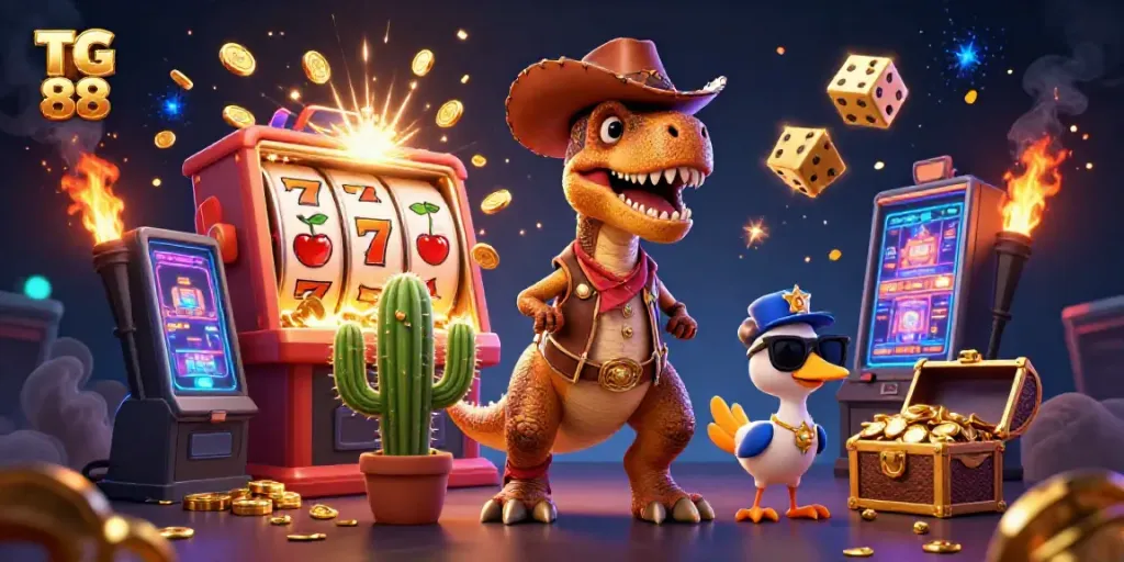 Experience the action-packed TG 88 jackpot scene with vibrant characters and thrilling casino elements.