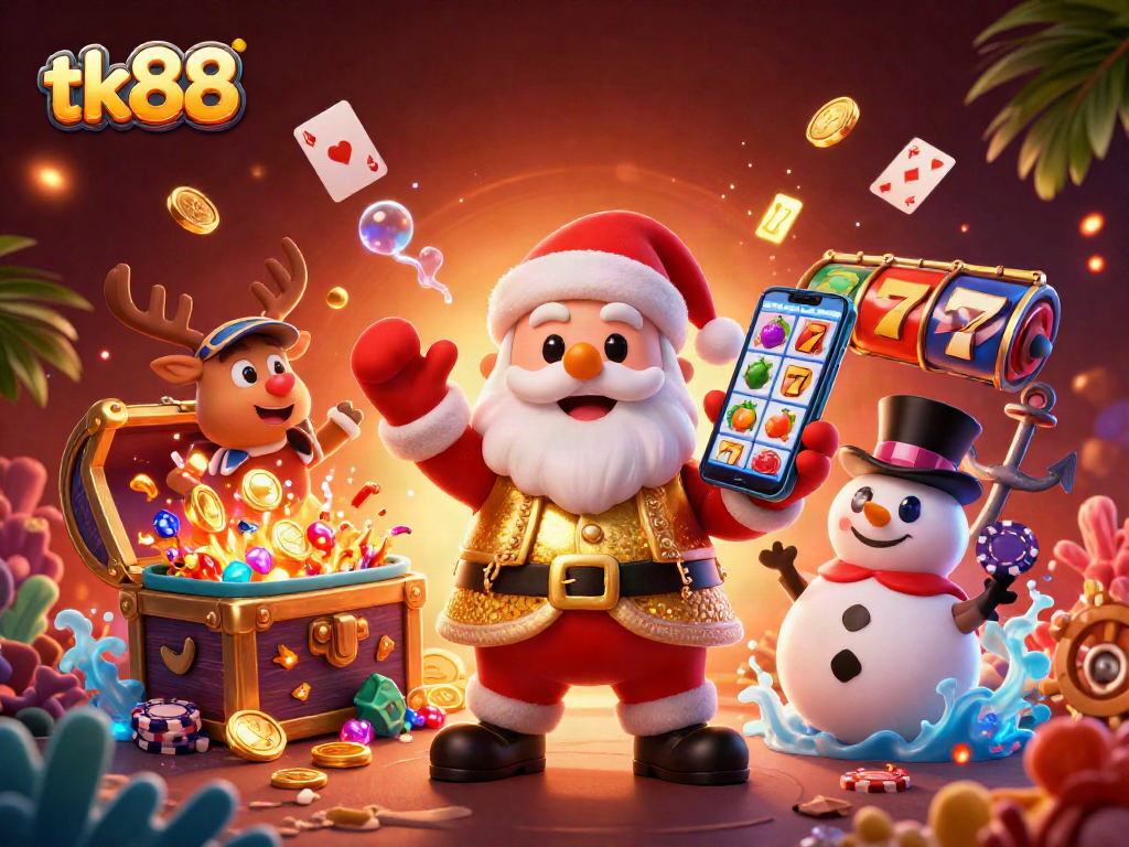 Win big with exciting games at tk88, featuring Santa and friends in a lively casino setting.