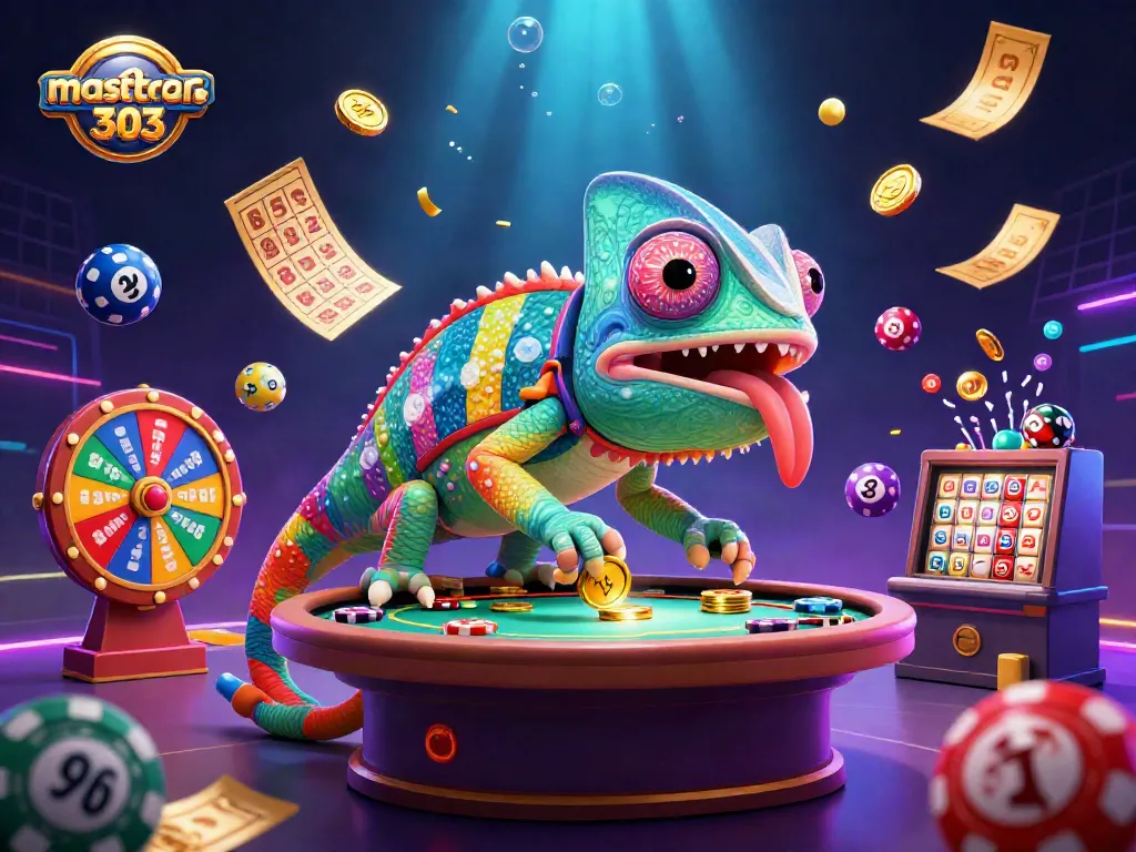 Mengamati gameplay dengan master303, chameleon kasino berwarna cerah dan koin emas serta elemen judi lainnya.