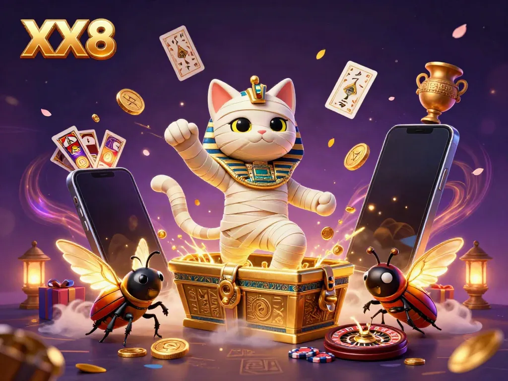 Experience the excitement of XX8 in a vibrant casino scene with golden coins and interactive games.