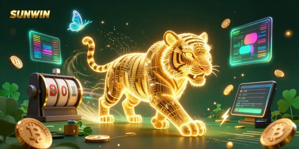Engaging SUNWIN casino scene with a golden light energy tiger, spinning slot reels, and Bitcoin coins.