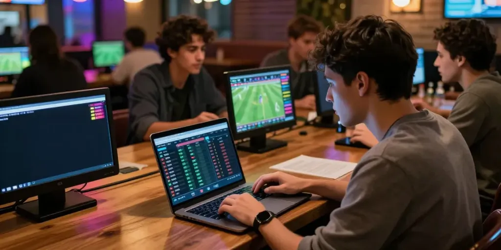 Engaged bettor analyzing football odds on laptop at WWBOLA sports bar.