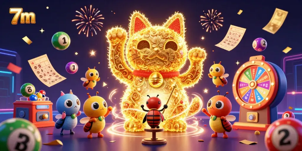 Interactive scene with 7m's golden lucky cat and dynamic casino elements showcasing vibrant lottery symbols and festive energy.