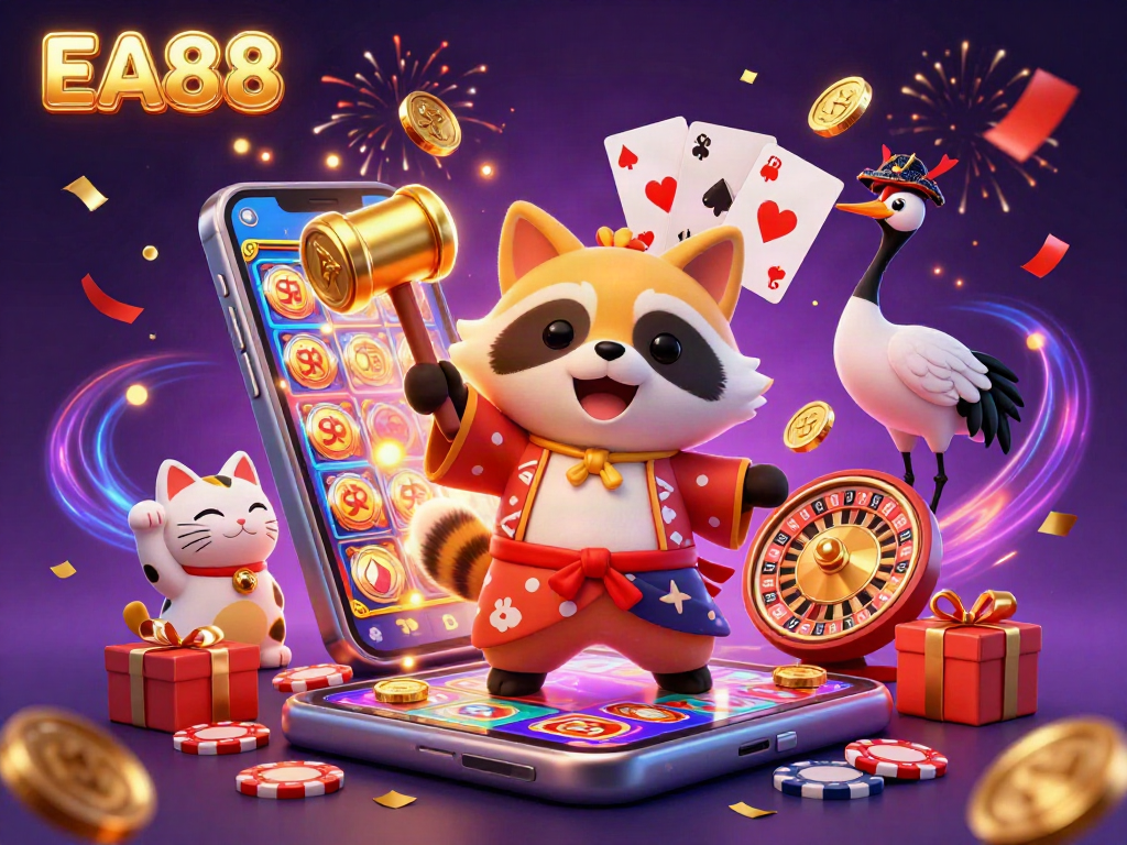 Celebrate wins with EA88 in a vibrant casino-themed illustration showcasing a cheerful tanuki and lucky symbols.