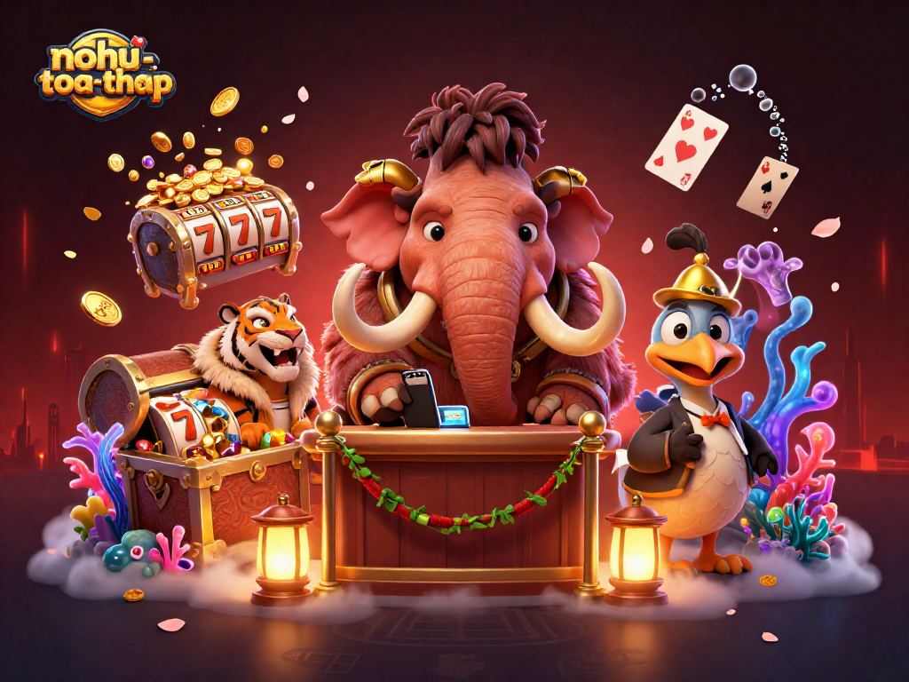 Engage with nohu-toa-thap, a vibrant 3D casino scene showcasing exciting slot elements and characters.