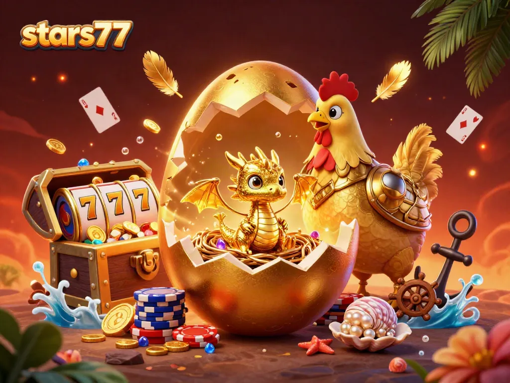 Permainan yang menakjubkan di stars77, naga emas bersinar di atas chip poker dengan elemen slot di sekitarnya