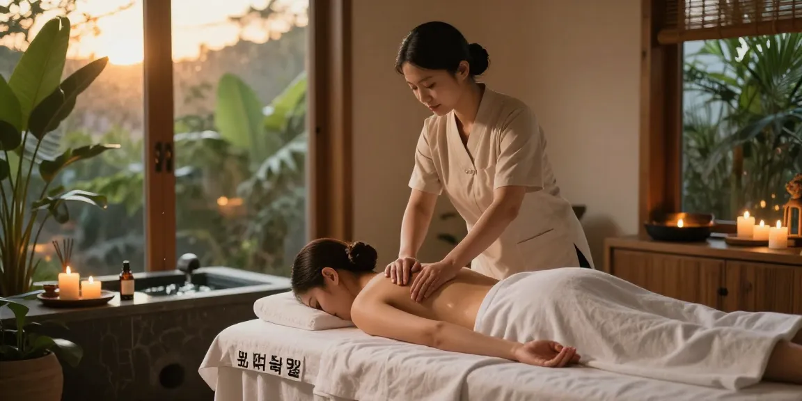 Relaxing 광명출장안마 massage therapy scene in a tranquil spa setting with calming elements.