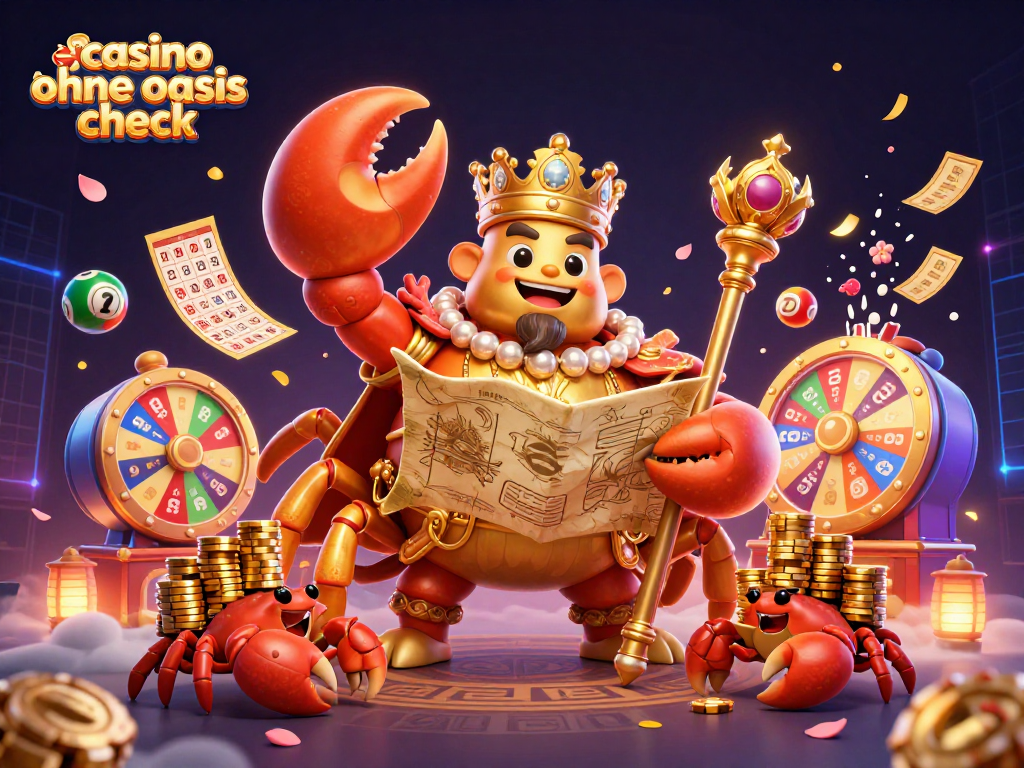 Engage in thrilling games with casino ohne oasis check's vibrant 3D illustration of a crab emperor amidst dynamic lottery elements.