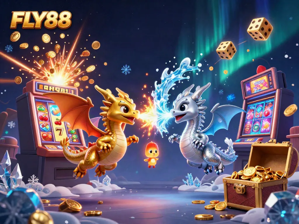 FLY88 showcases an energetic scene with dragons and jackpot elements representing an exquisite gambling experience.