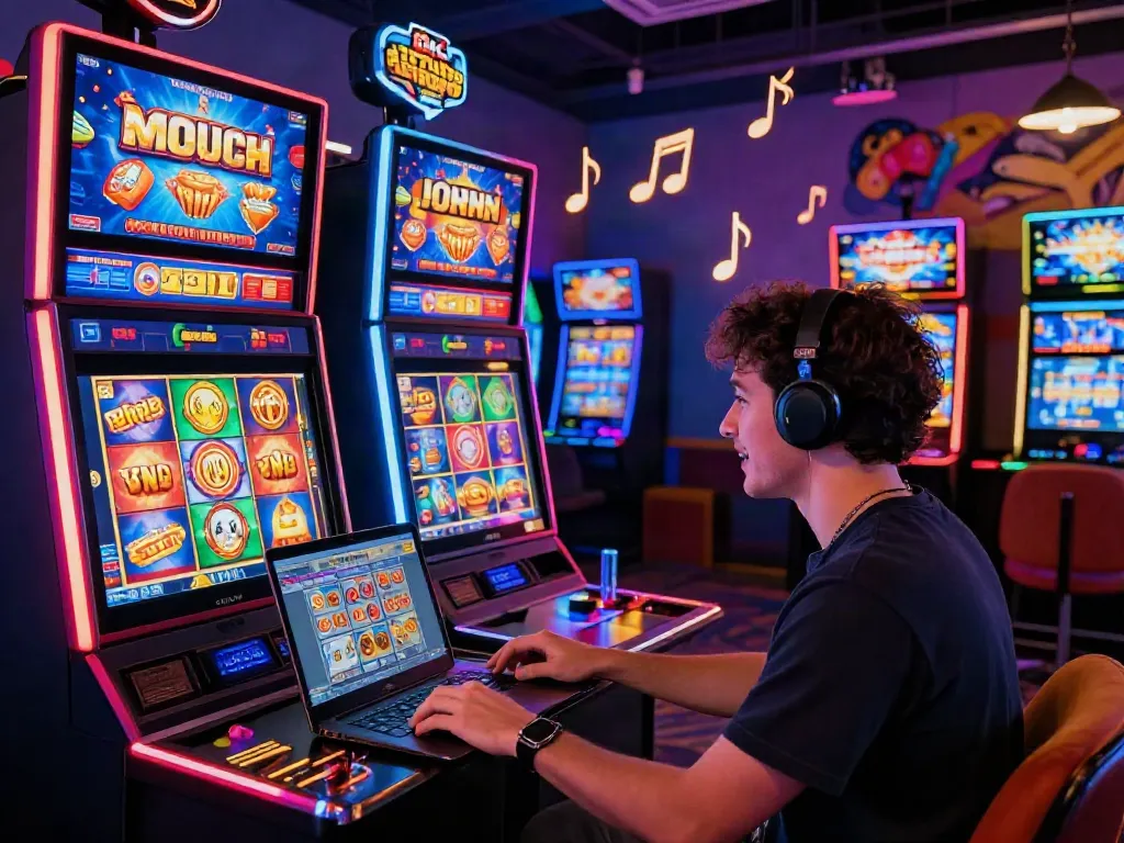Player celebrating a slot jackpot win in an exciting online casino environment with vibrant reels and notifications.