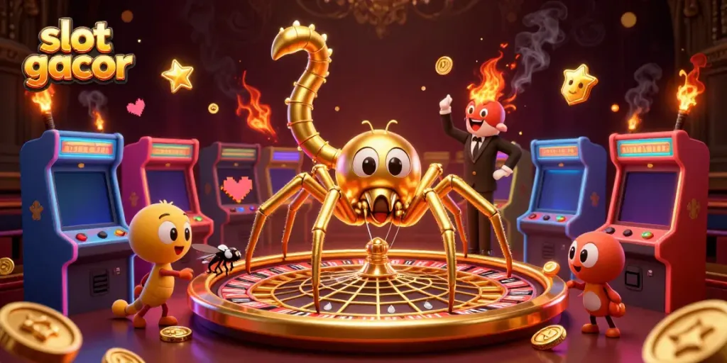 Gambarkan slot gacor di ruang permainan yang dipenuhi mesin arcade berwarna-warni dan elemen kasino lainnya.