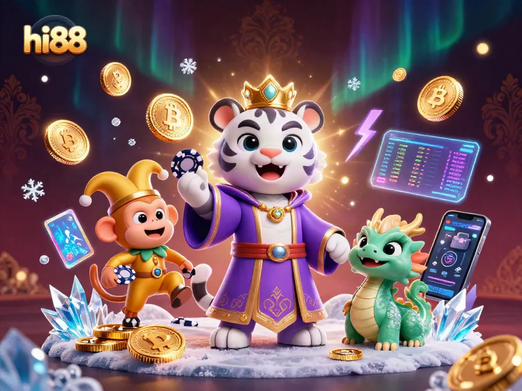 Experience excitement at hi88 with vibrant gambling art showing playful characters and crypto elements.