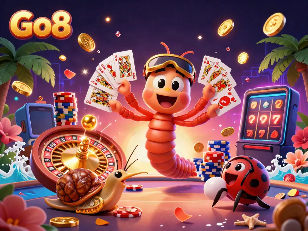 Go8 casino illustration featuring a whimsical millipede dealer and colorful gaming elements.