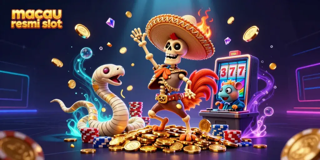 Bermain dengan slot resmi Macau: Rooster mariachi menari di tumpukan koin emas yang berkilau.